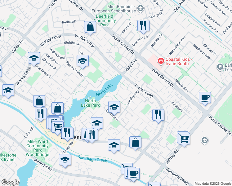 map of restaurants, bars, coffee shops, grocery stores, and more near 55 Lakeshore in Irvine