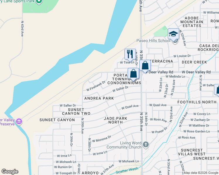 map of restaurants, bars, coffee shops, grocery stores, and more near 3635 West Firehawk Drive in Glendale