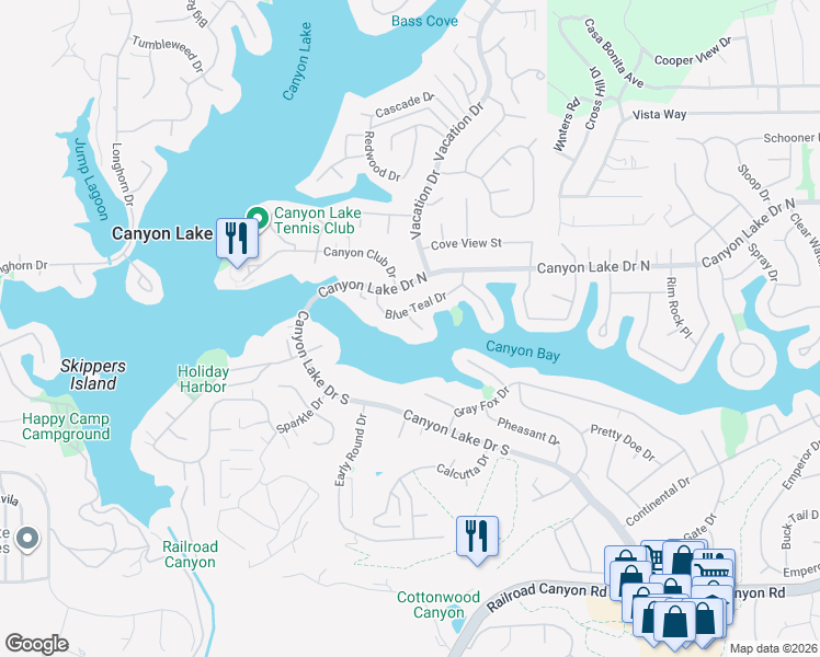 map of restaurants, bars, coffee shops, grocery stores, and more near 22620 Blue Teal Drive in Canyon Lake