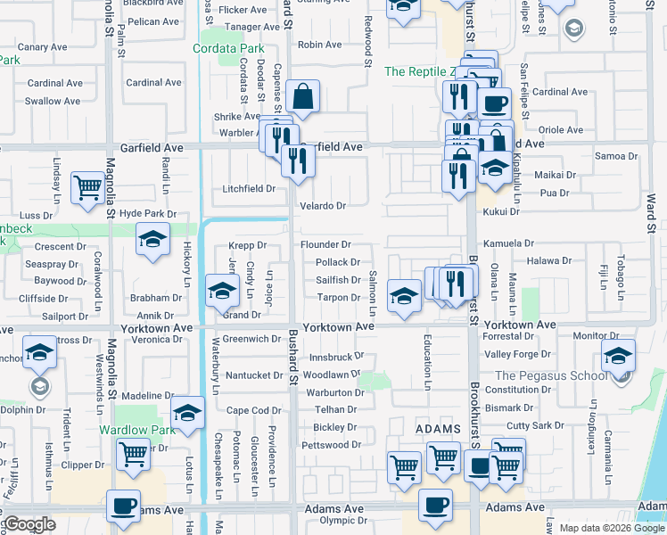 map of restaurants, bars, coffee shops, grocery stores, and more near 9652 Flounder Drive in Huntington Beach