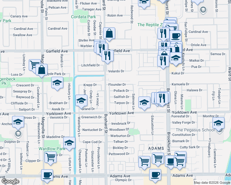 map of restaurants, bars, coffee shops, grocery stores, and more near 9561 Pollack Drive in Huntington Beach