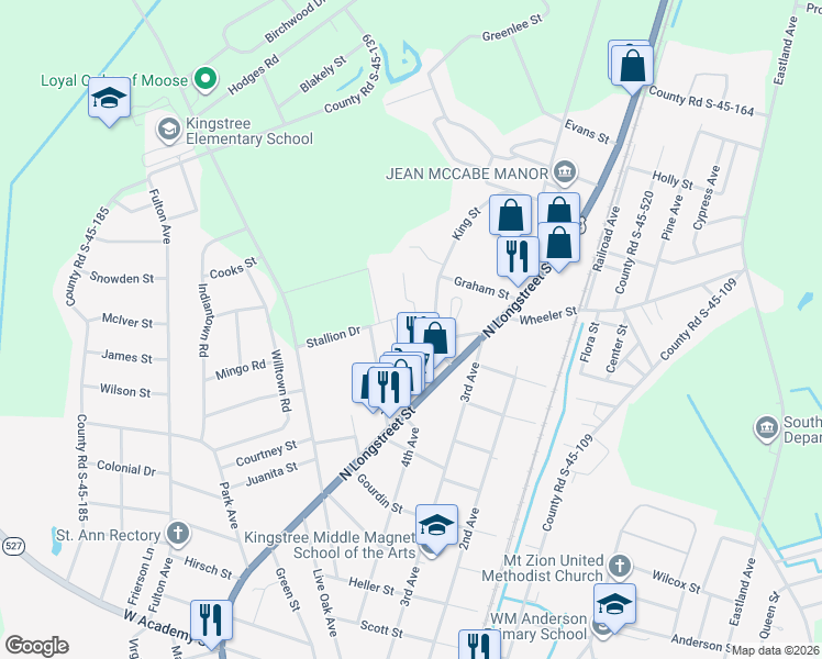 map of restaurants, bars, coffee shops, grocery stores, and more near 300 Giles Street in Kingstree
