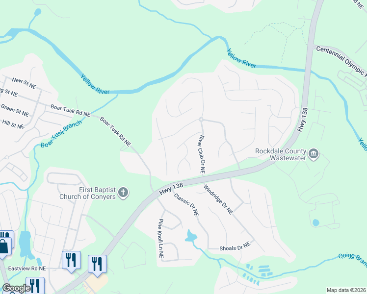 map of restaurants, bars, coffee shops, grocery stores, and more near 1125 River Tusk Place Northeast in Conyers