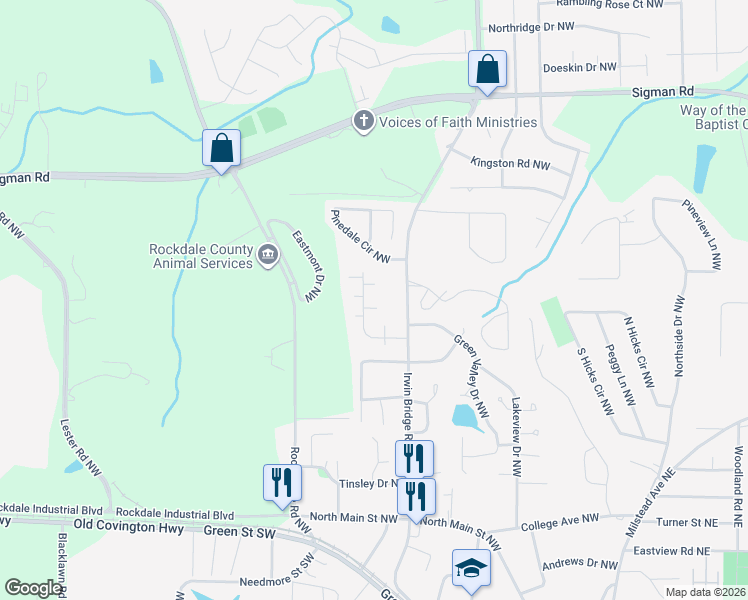 map of restaurants, bars, coffee shops, grocery stores, and more near 1206 Creek Forest Court Northwest in Conyers