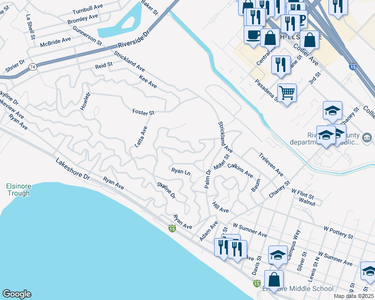 map of restaurants, bars, coffee shops, grocery stores, and more near McBurney Avenue in Lake Elsinore