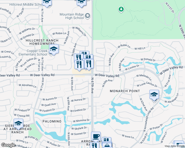 map of restaurants, bars, coffee shops, grocery stores, and more near N 67th Ave & W Deer Valley Rd in Glendale