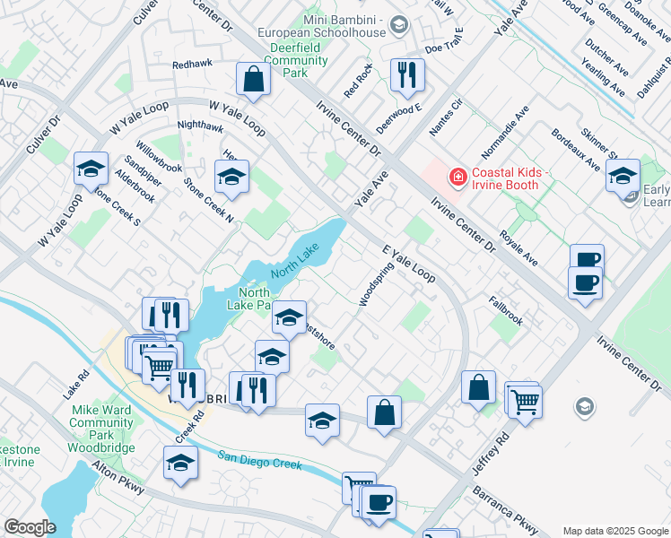 map of restaurants, bars, coffee shops, grocery stores, and more near 32 Lakeshore in Irvine