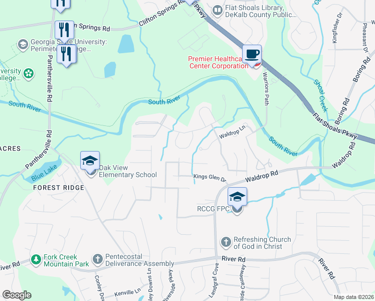 map of restaurants, bars, coffee shops, grocery stores, and more near 3516 Waldrop Trail in Decatur