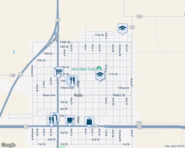 map of restaurants, bars, coffee shops, grocery stores, and more near 1102 Avenue J in Ralls