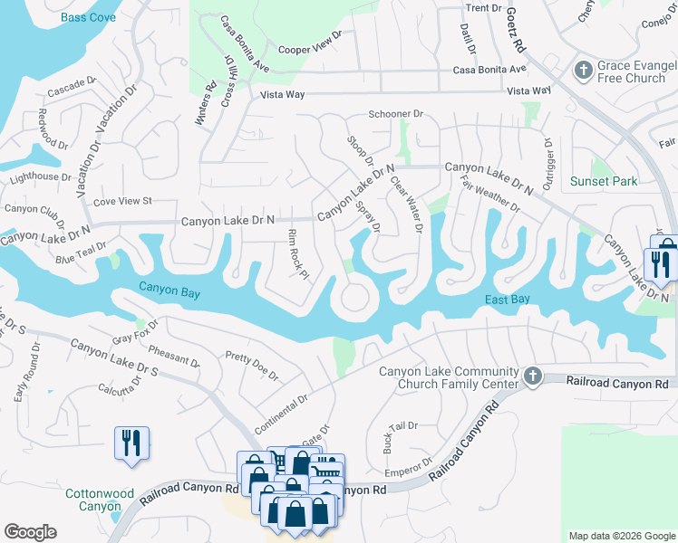 map of restaurants, bars, coffee shops, grocery stores, and more near 30247 Yellow Feather Drive in Canyon Lake