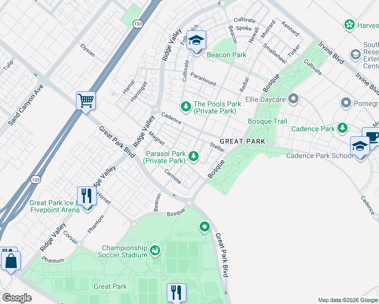 map of restaurants, bars, coffee shops, grocery stores, and more near 743 Beacon in Irvine