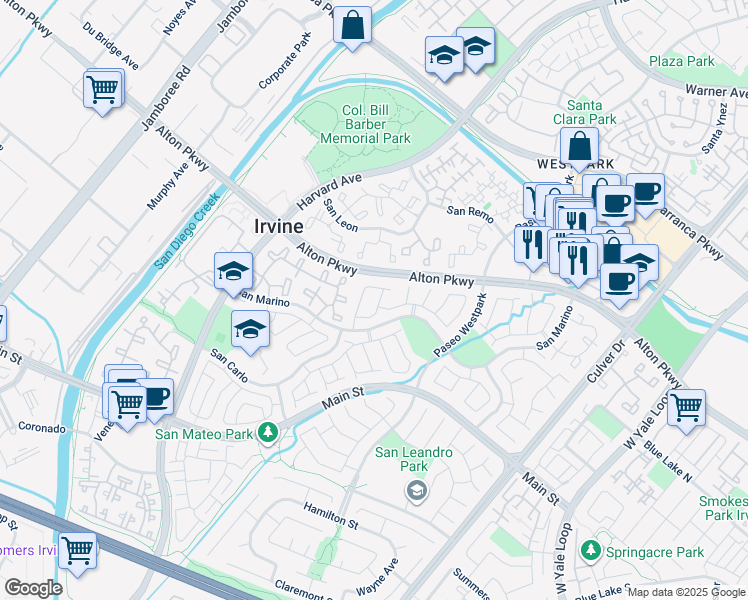 map of restaurants, bars, coffee shops, grocery stores, and more near 27 Comiso in Irvine