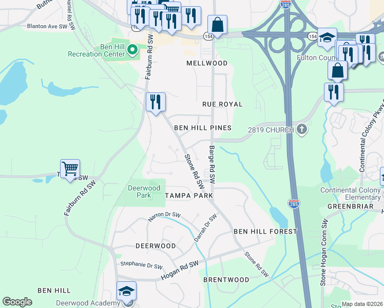 map of restaurants, bars, coffee shops, grocery stores, and more near 3651 Hampshire Park Way in Atlanta