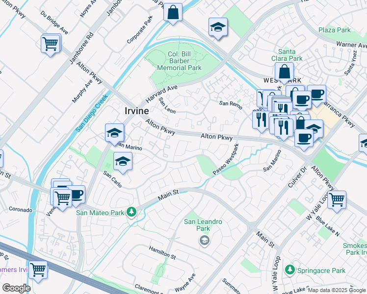 map of restaurants, bars, coffee shops, grocery stores, and more near 27 Comiso in Irvine