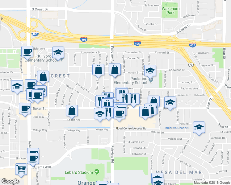 map of restaurants, bars, coffee shops, grocery stores, and more near 1192 Dorset Lane in Costa Mesa
