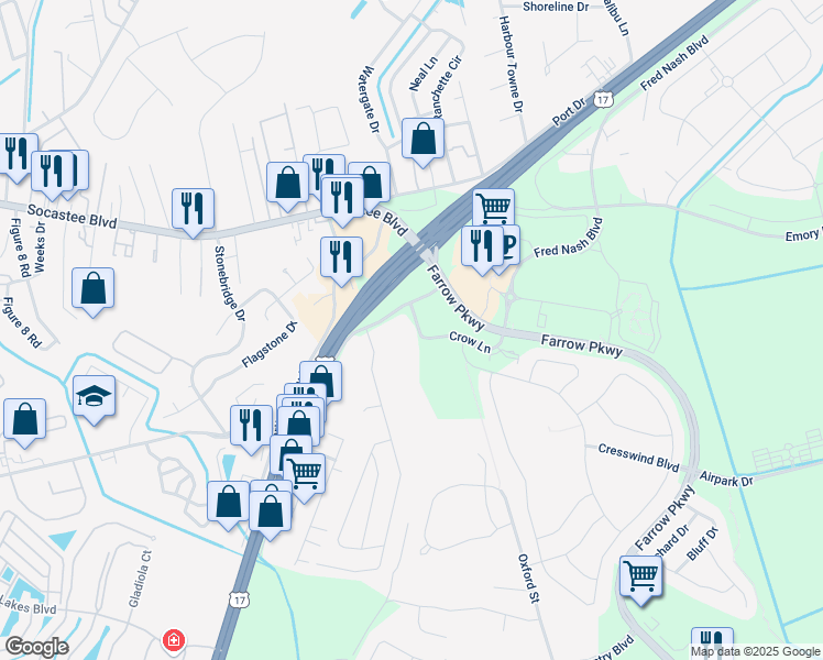 map of restaurants, bars, coffee shops, grocery stores, and more near 2222 Crow Lane in Myrtle Beach