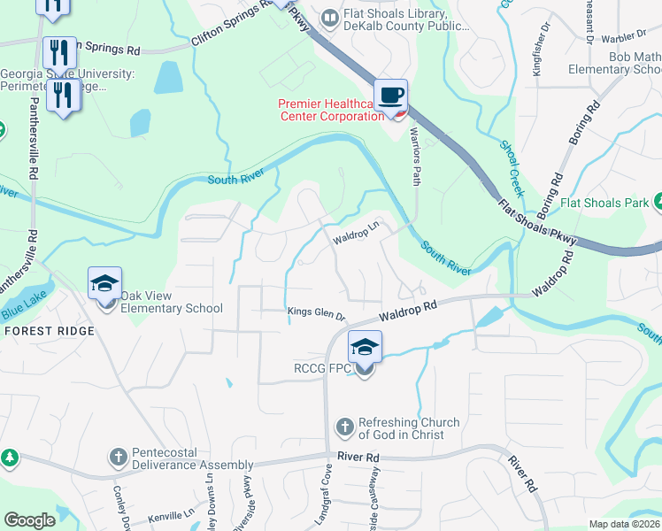 map of restaurants, bars, coffee shops, grocery stores, and more near 3153 Kingswood Glen in Decatur