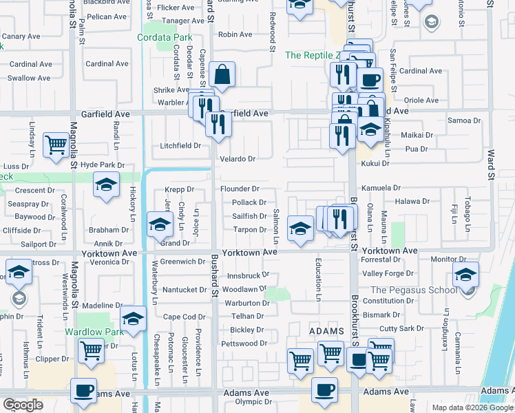 map of restaurants, bars, coffee shops, grocery stores, and more near 9652 Pollack Drive in Huntington Beach