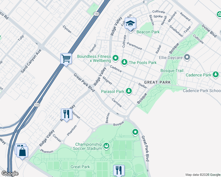 map of restaurants, bars, coffee shops, grocery stores, and more near 130 Interval in Irvine