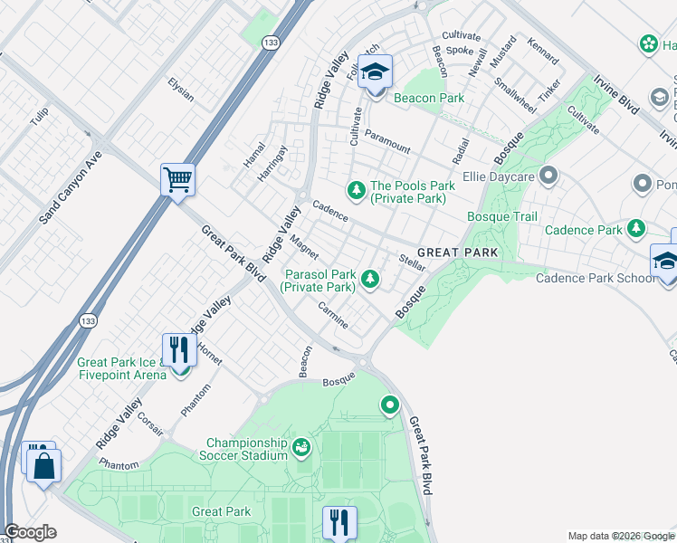 map of restaurants, bars, coffee shops, grocery stores, and more near 335 Magnet in Irvine