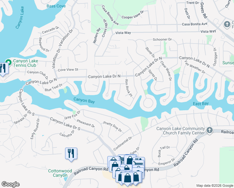map of restaurants, bars, coffee shops, grocery stores, and more near 23185 Wild Rice Drive in Canyon Lake