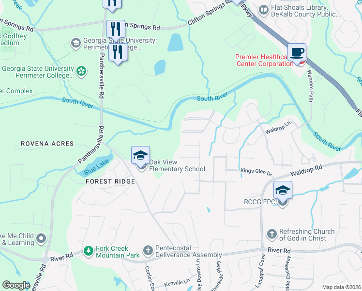map of restaurants, bars, coffee shops, grocery stores, and more near 9203 Waldrop Place in Decatur