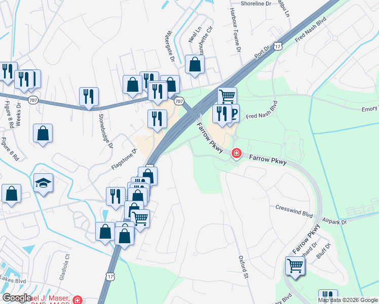 map of restaurants, bars, coffee shops, grocery stores, and more near 2222 Crow Lane in Myrtle Beach