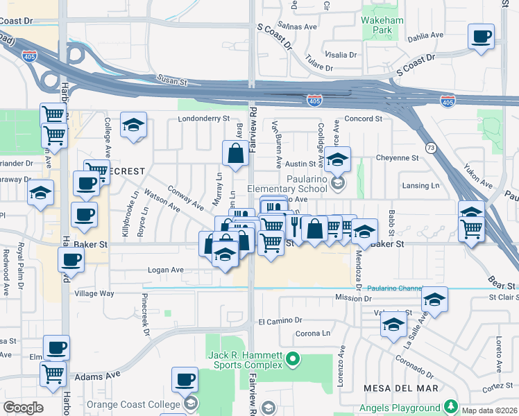 map of restaurants, bars, coffee shops, grocery stores, and more near 1192 Dorset Lane in Costa Mesa