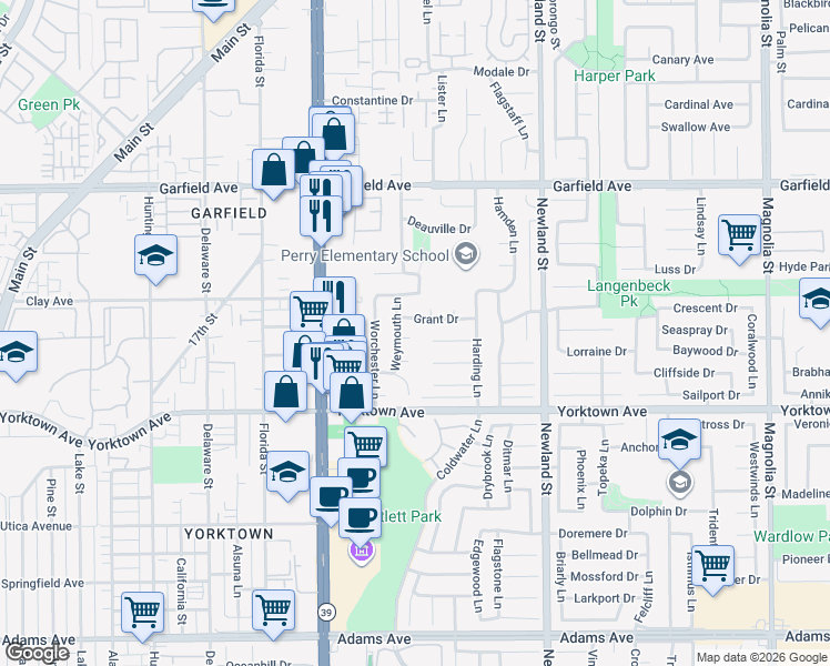 map of restaurants, bars, coffee shops, grocery stores, and more near 8171 Grant Drive in Huntington Beach