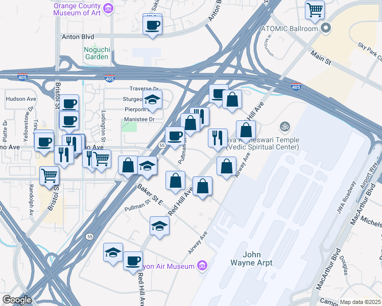 map of restaurants, bars, coffee shops, grocery stores, and more near 265 McCormick Avenue in Costa Mesa
