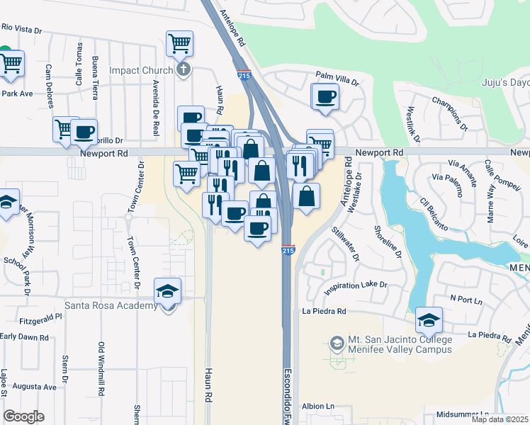 map of restaurants, bars, coffee shops, grocery stores, and more near 30252 Haun Road in Menifee