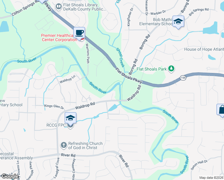 map of restaurants, bars, coffee shops, grocery stores, and more near 3660 Waldrop Cliff Lane in Decatur
