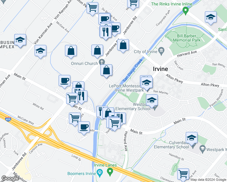 map of restaurants, bars, coffee shops, grocery stores, and more near 109 Costero Aisle in Irvine