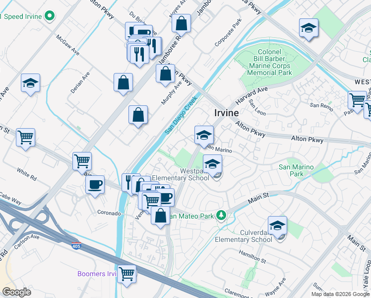 map of restaurants, bars, coffee shops, grocery stores, and more near in Irvine