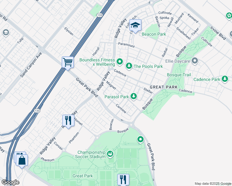 map of restaurants, bars, coffee shops, grocery stores, and more near 179 Terrapin in Irvine