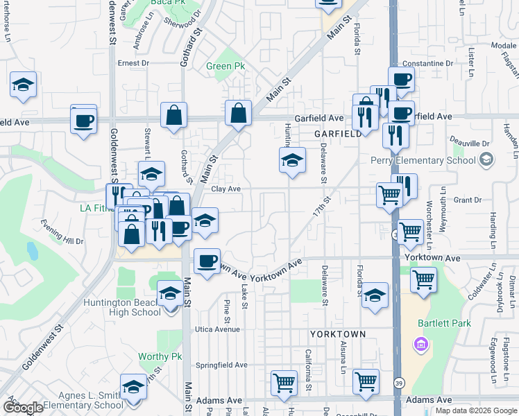 map of restaurants, bars, coffee shops, grocery stores, and more near 19401 Sunray Lane in Huntington Beach
