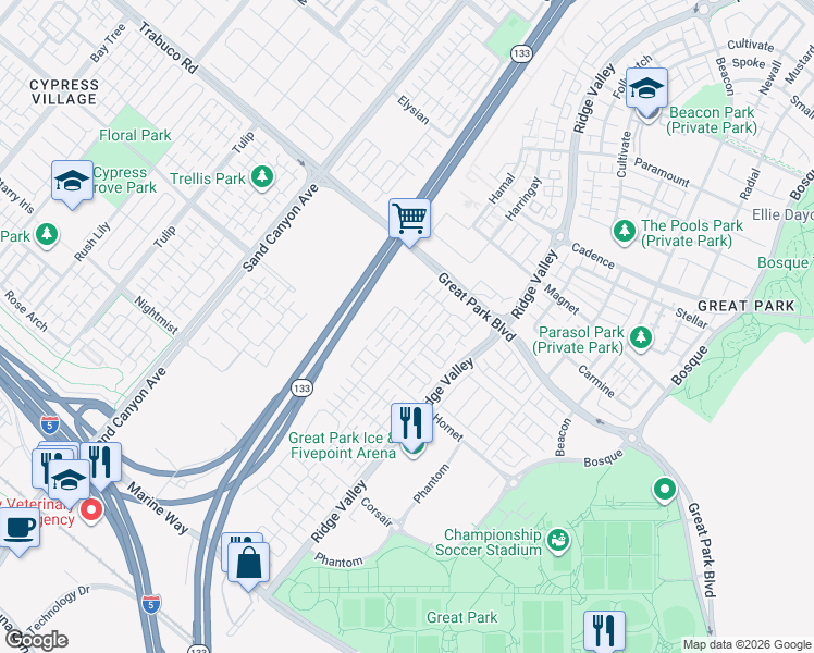 map of restaurants, bars, coffee shops, grocery stores, and more near 125 Full Sun in Irvine