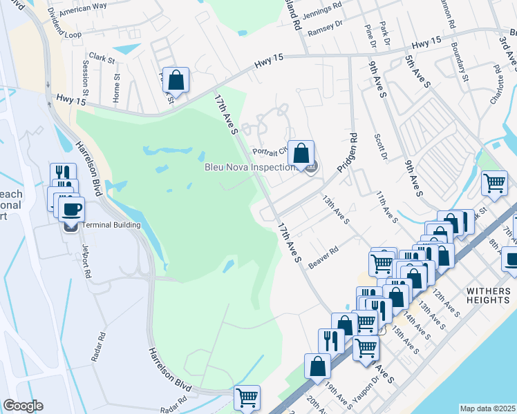 map of restaurants, bars, coffee shops, grocery stores, and more near 1338 Melanie Lane in Myrtle Beach