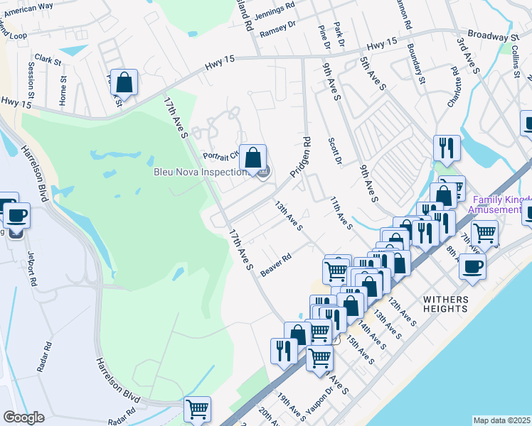 map of restaurants, bars, coffee shops, grocery stores, and more near 1301 Pridgen Road in Myrtle Beach