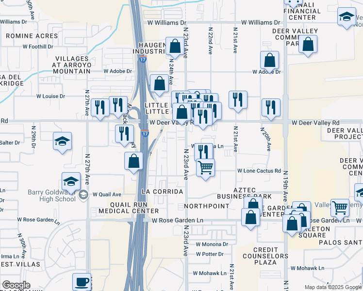 map of restaurants, bars, coffee shops, grocery stores, and more near 21611 North 23rd Avenue in Phoenix