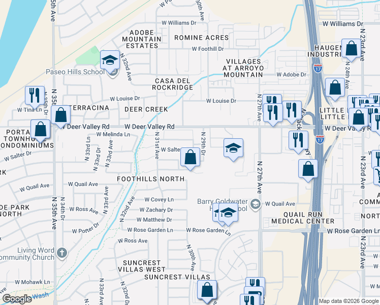 map of restaurants, bars, coffee shops, grocery stores, and more near 3016 West Salter Drive in Phoenix