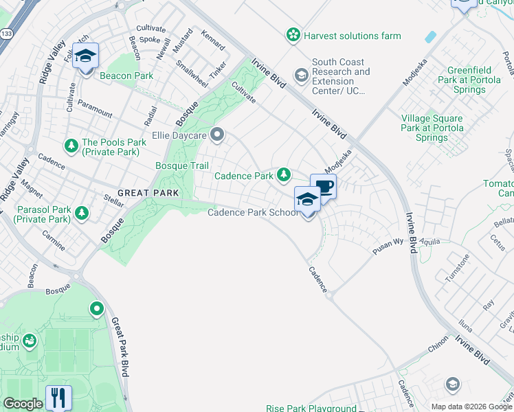 map of restaurants, bars, coffee shops, grocery stores, and more near 128 Character in Irvine