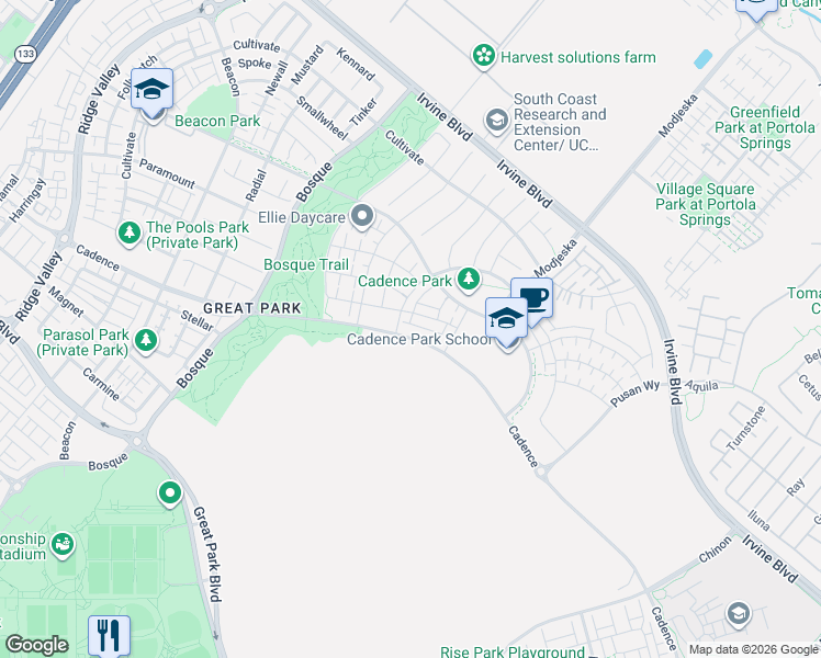 map of restaurants, bars, coffee shops, grocery stores, and more near 128 Character in Irvine
