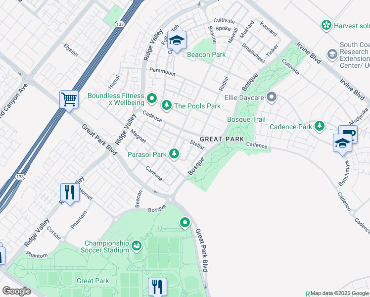 map of restaurants, bars, coffee shops, grocery stores, and more near 175 Stellar in Irvine