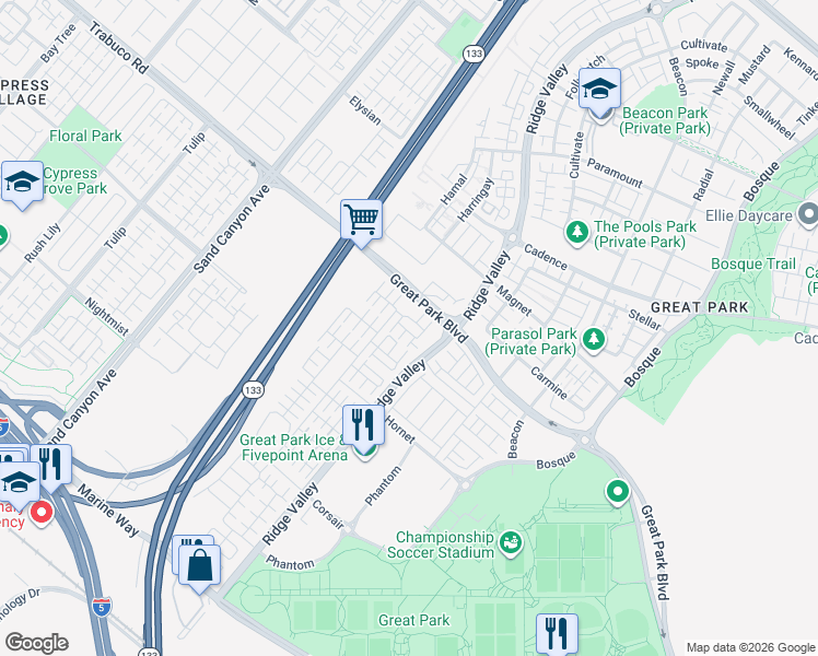 map of restaurants, bars, coffee shops, grocery stores, and more near 133 Okra in Irvine