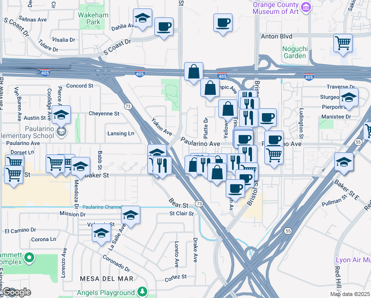 map of restaurants, bars, coffee shops, grocery stores, and more near 805 Spirit in Costa Mesa