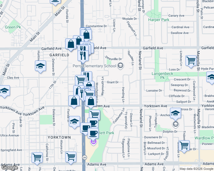 map of restaurants, bars, coffee shops, grocery stores, and more near 8171 Grant Drive in Huntington Beach