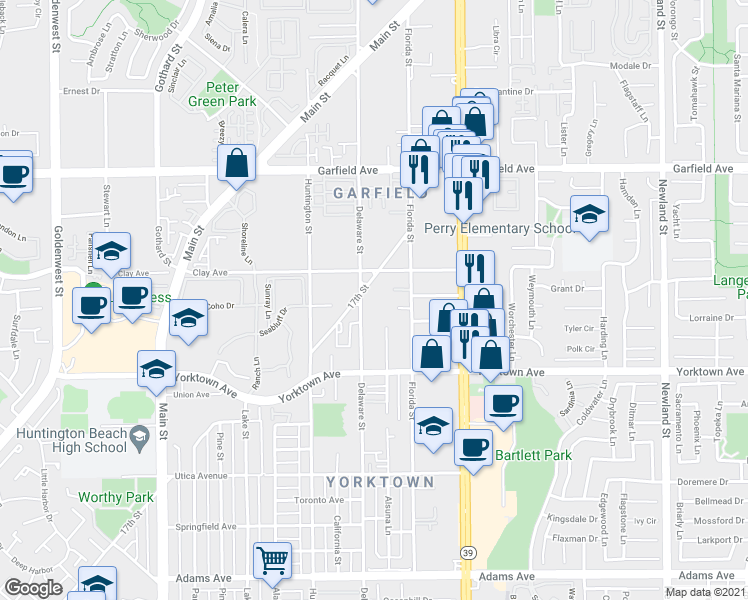 map of restaurants, bars, coffee shops, grocery stores, and more near 504 Clay Avenue in Huntington Beach