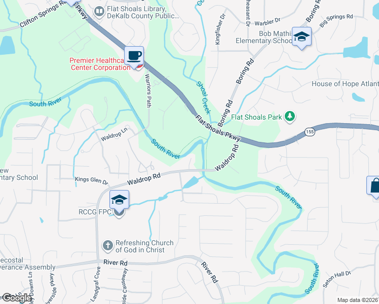 map of restaurants, bars, coffee shops, grocery stores, and more near 3660 Waldrop Cliff Lane in Decatur