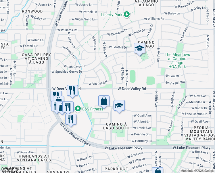 map of restaurants, bars, coffee shops, grocery stores, and more near West Via Del Sol in Peoria